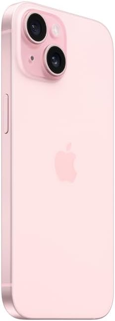 Apple iPhone 15 rosa vista lateral com câmeras duplas e acabamento brilhante
