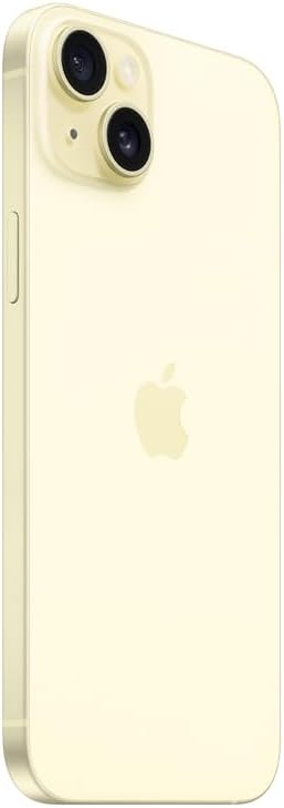 Apple iPhone 15 Plus amarelo, vista traseira com câmera dupla em destaque.