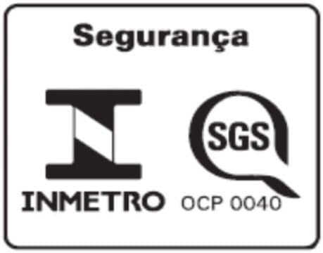 Símbolo de certificação INMETRO e SGS comprovando segurança do produto
