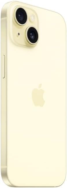 Apple iPhone 15 amarelo vista lateral traseira com câmera dupla e botão lateral