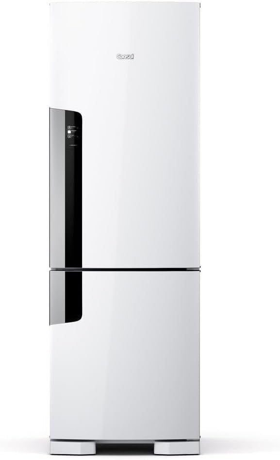 Geladeira Consul Frost Free Duplex 397L branca vista frontal com freezer embaixo e painel digital.