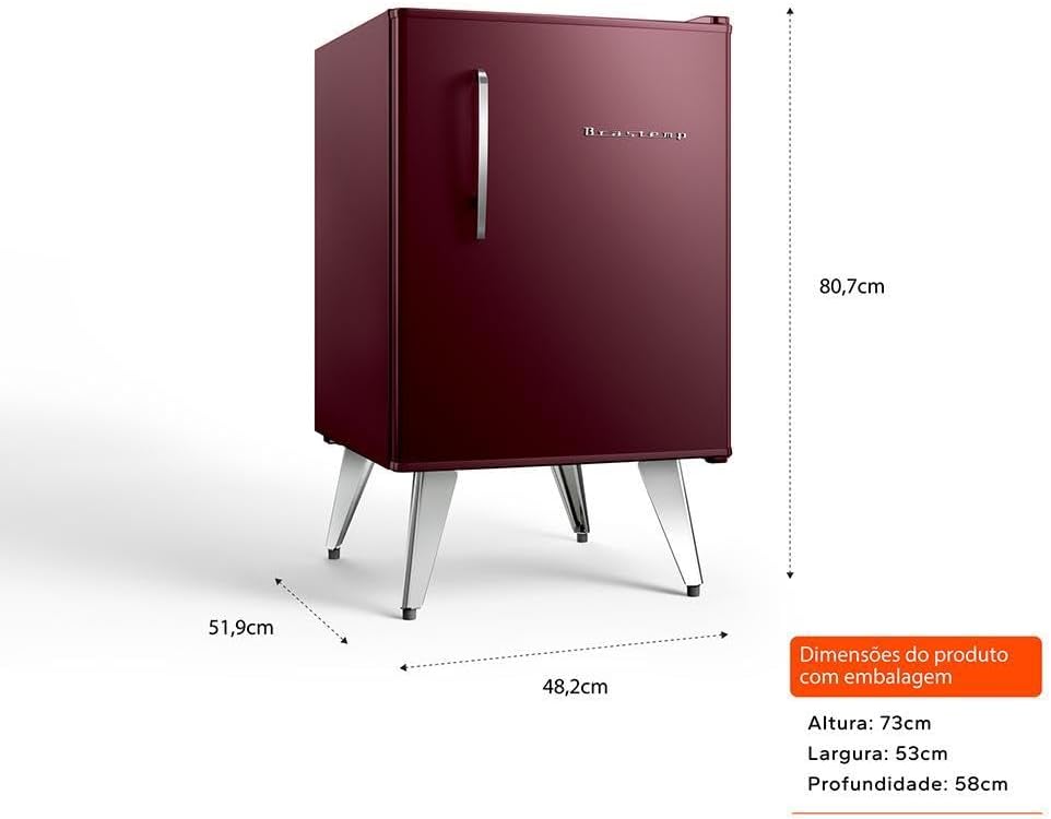 Frigobar retrô Brastemp marsala com dimensões 80,7cm altura, 51,9cm largura e 48,2cm profundidade.