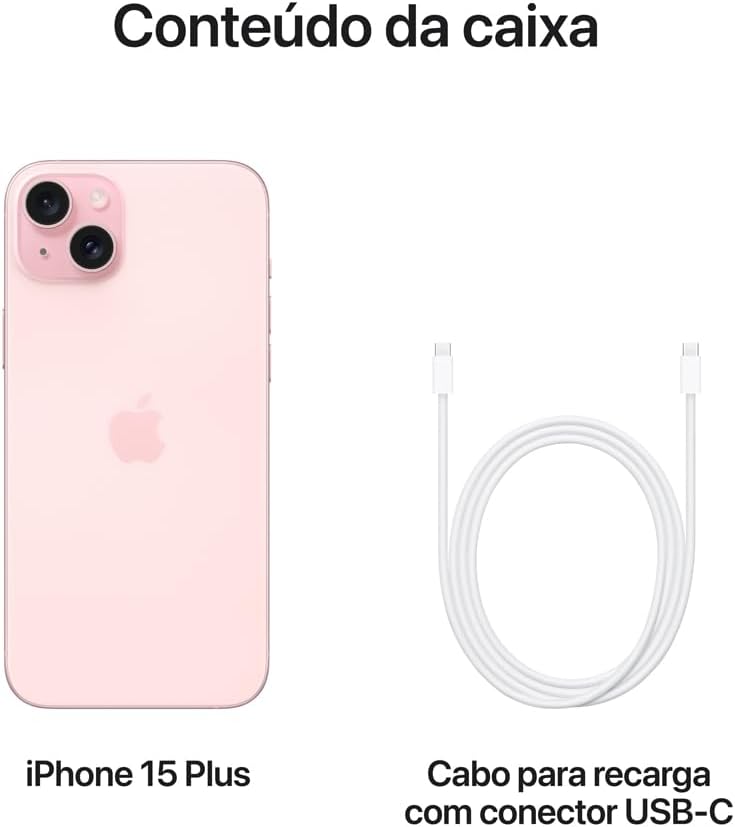 Conteúdo da caixa do Apple iPhone 15 Plus rosa com cabo USB-C para recarga, fundo branco