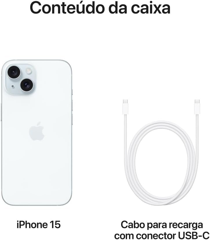 Conteúdo da caixa do iPhone 15: aparelho branco e cabo de carregamento USB-C.