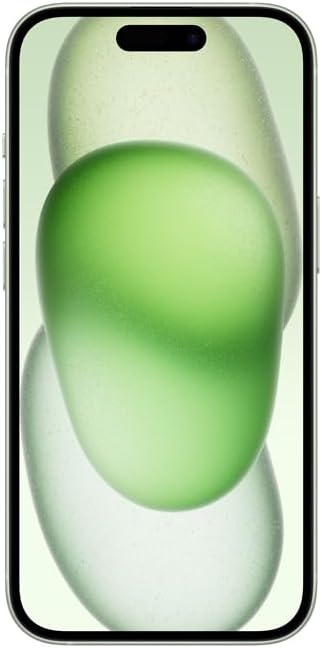 Frontal do Apple iPhone 15 verde 512GB com tela ligada