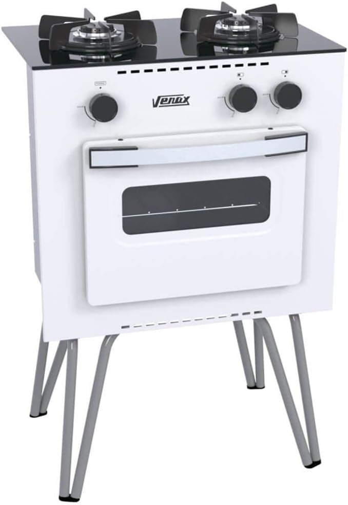 Fogão a gás branco Venax Mini Cook 2 bocas com forno e pés metálicos.