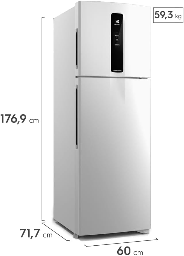 Geladeira Electrolux Frost Free Duplex Efficient branca com dimensões e peso indicados.