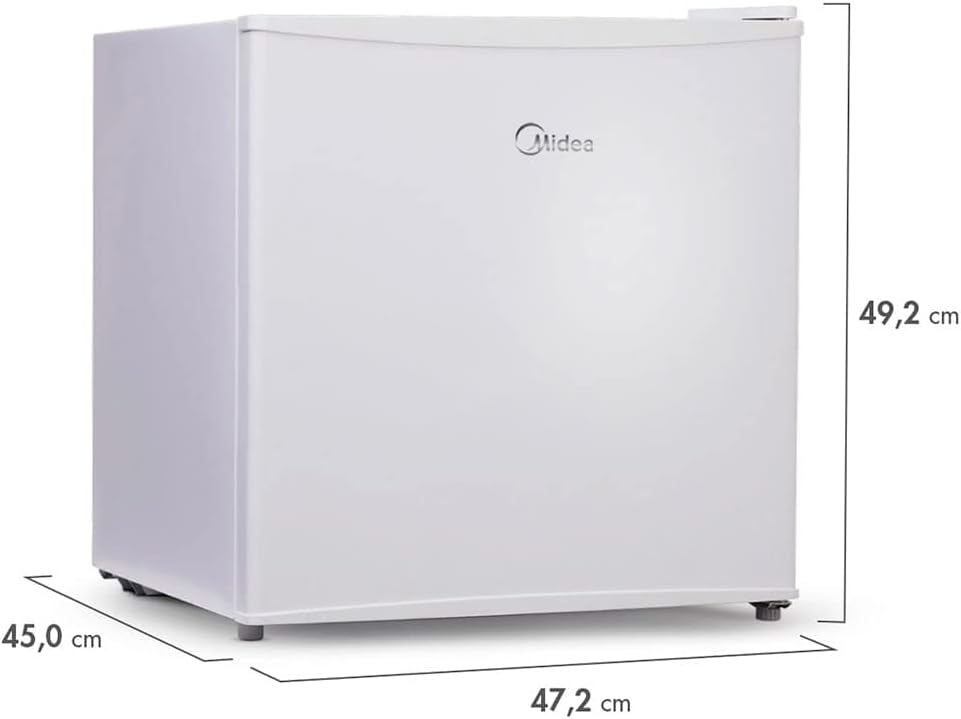Frigobar Midea branco com dimensões 45x47,2x49,2 cm, visto de lado e frontal.