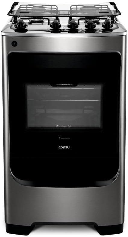 Fogão Consul 4 bocas inox com forno vidro porta preta e botões automáticos