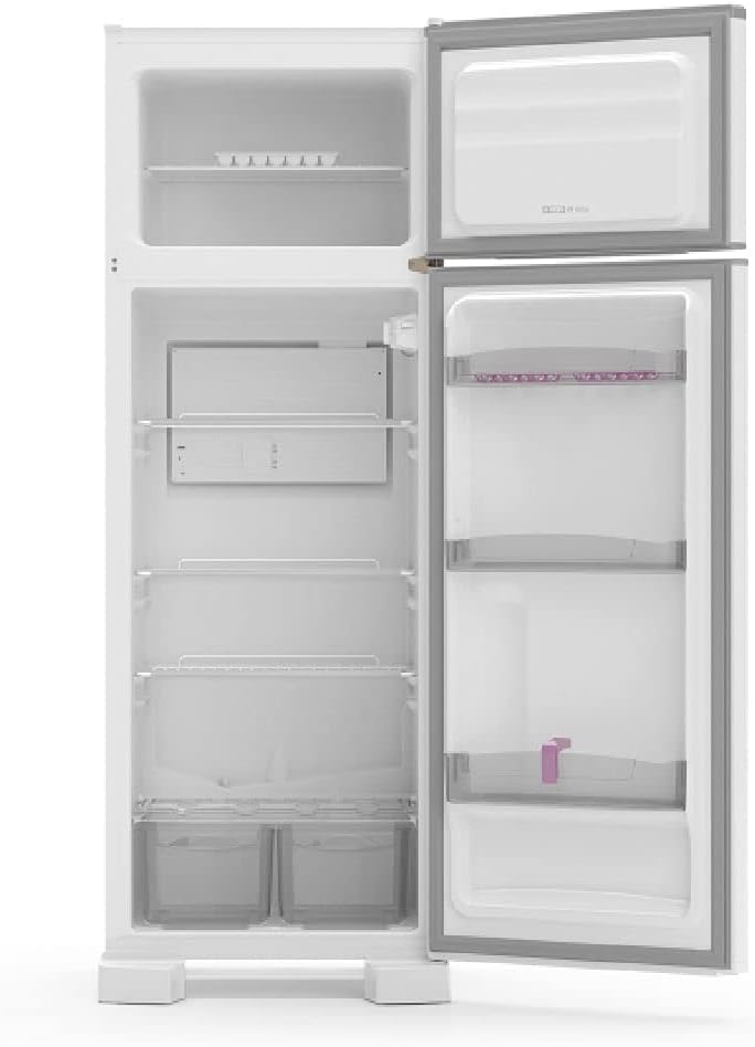 Refrigerador Esmaltec branco 306L aberto mostrando interior