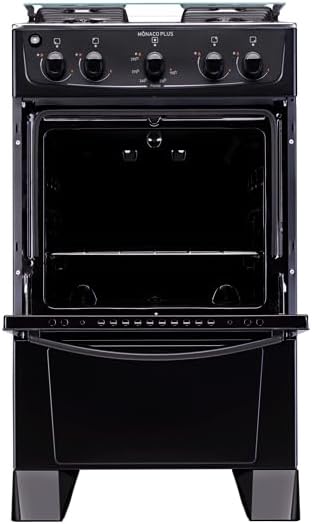 Fogão 4 bocas Atlas Mônaco Plus preto com forno aberto e mesa inox