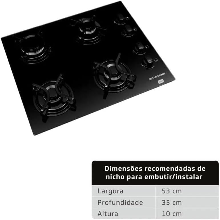 Cooktop Brastemp 4 bocas com tabela de dimensões recomendadas para embutir