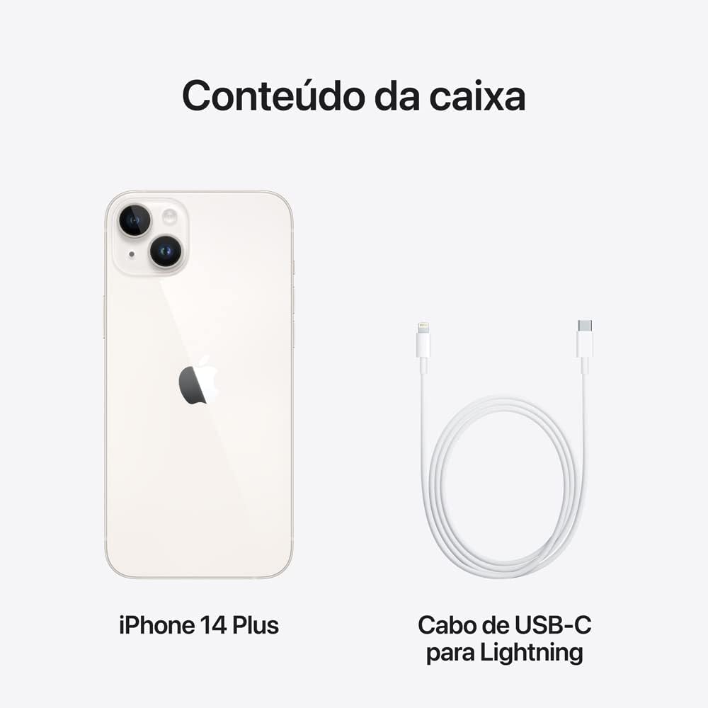 Conteúdo da caixa do iPhone 14 Plus com celular branco e cabo USB-C para Lightning