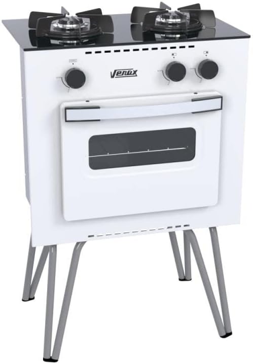 Fogão a gás branco Venax Mini Cook 2Q com forno e pés metálicos, vista frontal.