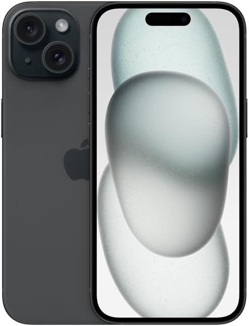 Apple iPhone 15 preto duas câmeras vista frontal e traseira