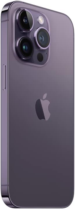Lado do iPhone 14 Pro roxo-profundo destacando câmeras traseiras e logo Apple