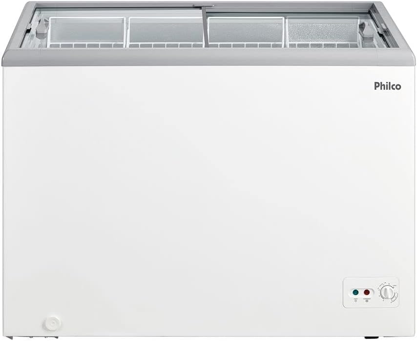 Freezer horizontal branco Philco 295 litros com tampa de vidro transparente e controle de temperatura