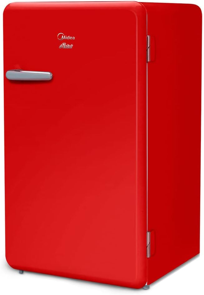 Frigobar retrô vermelho rubi Midea 95L vista lateral direita com porta fechada