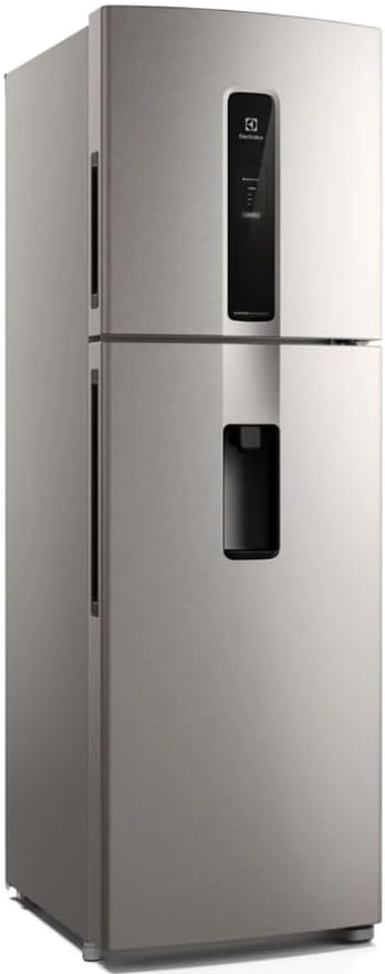 Geladeira Electrolux Inox Frost Free Inverter 410L vista lateral com painel digital e dispensador