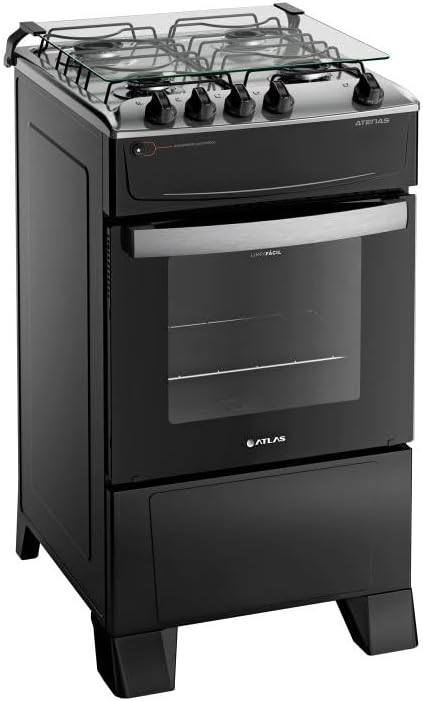 Fogão 4 bocas preto com mesa inox e vidro protetor aberto Atlas Atenas bivolt