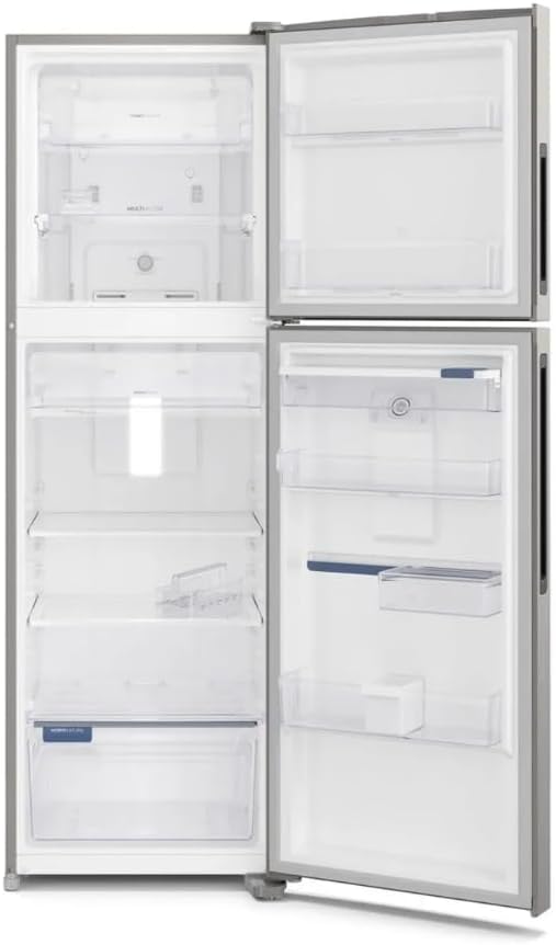 Geladeira Electrolux Inox Frost Free Inverter 410L com interior vazio organizado
