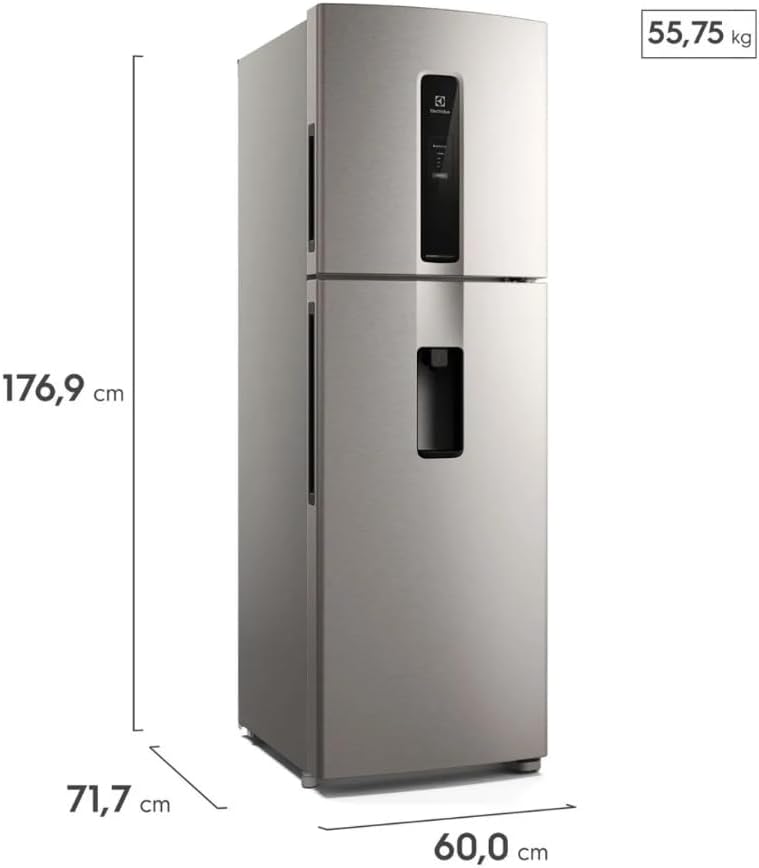 Geladeira Electrolux Inox Frost Free Inverter 410L com dimensões e peso destacados