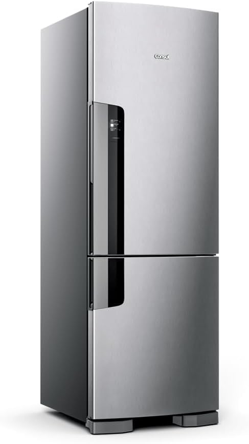 Geladeira Consul Frost Free Duplex 397L Evox em ângulo prateada com detalhes pretos