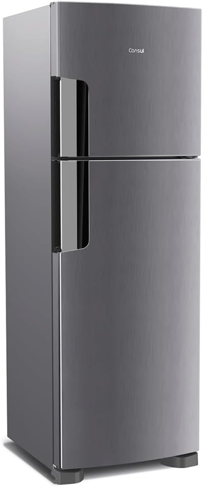 Geladeira Consul Frost Free Duplex 386 litros inox vista lateral direita ângulo.