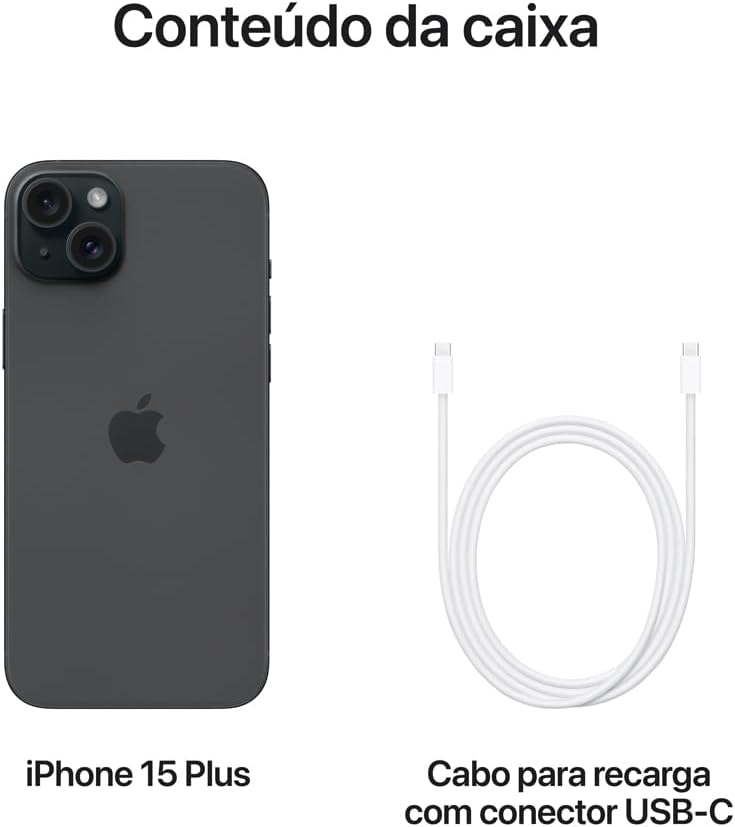 Conteúdo da caixa do iPhone 15 Plus com aparelho preto e cabo USB-C para recarga