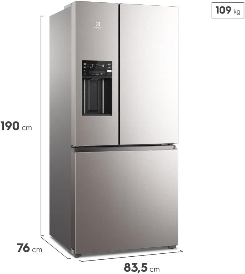 Dimensões da geladeira Electrolux Multidoor Efficient inox, 190x76x83,5 cm, 109 kg, vista angular