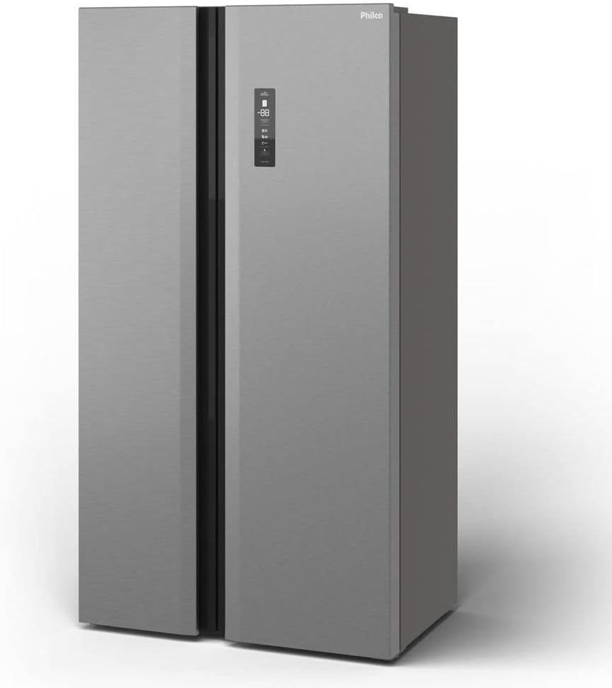 Refrigerador Philco PRF504I lado a lado cinza escuro com display digital