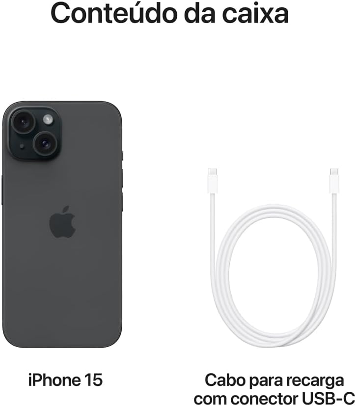Conteúdo da caixa do iPhone 15 preto com cabo USB-C