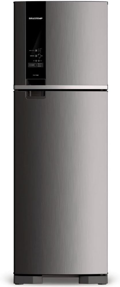 Geladeira Brastemp Frost Free Duplex inox 400 litros com display digital e freezer superior.
