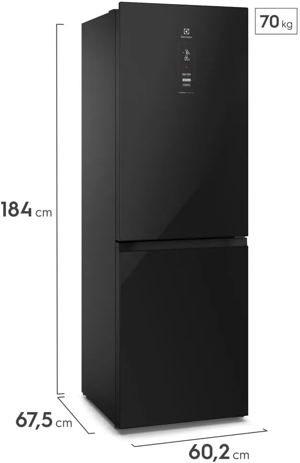 Geladeira Electrolux Frost Free Inverter preta com dimensões e peso destacados.