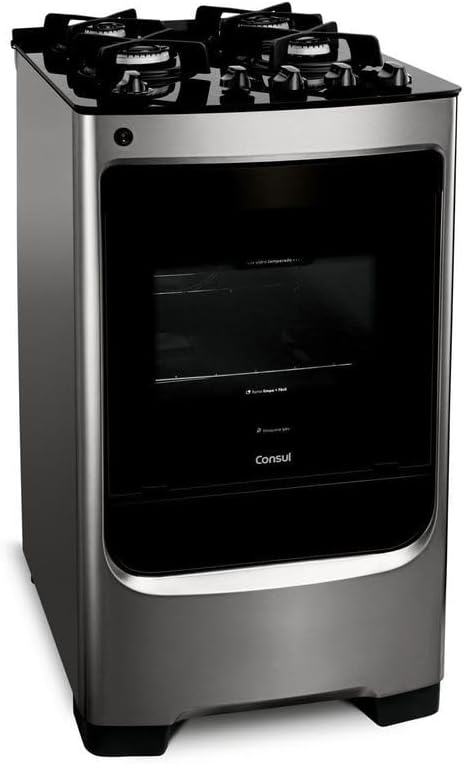 Fogão Consul 4 bocas inox com mesa de vidro preto vista lateral