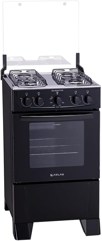 Fogão Atlas preto 4 bocas com forno Coliseum Plus 50 litros, tampa de vidro e botões frontais.