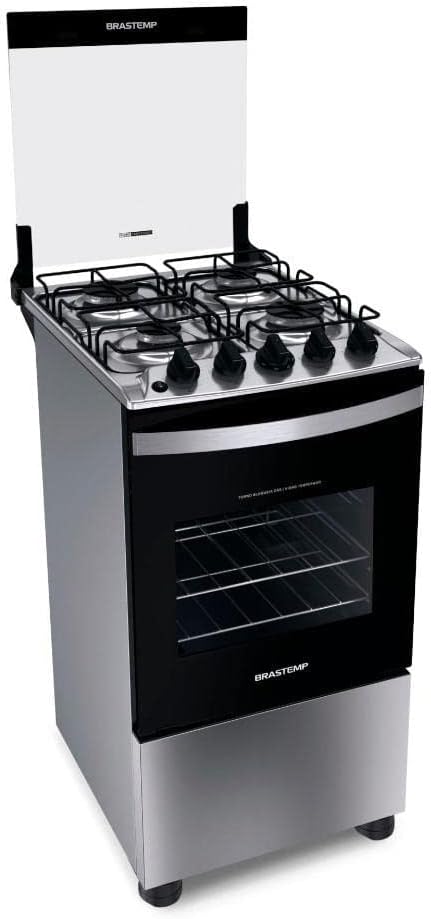 Fogão Brastemp 4 bocas inox Bfo4nbr vista lateral tampa aberta