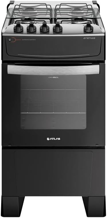 Fogão 4 bocas preto com mesa inox e forno com vidro Atlass Atenas bivolt frontal
