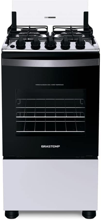 Fogão Brastemp 4 bocas branco com forno vidro preto e tampas pretas, mesa inox.