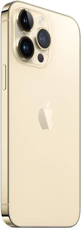 Detalhe lateral do iPhone 14 Pro Max dourado mostrando câmeras traseiras tripla.