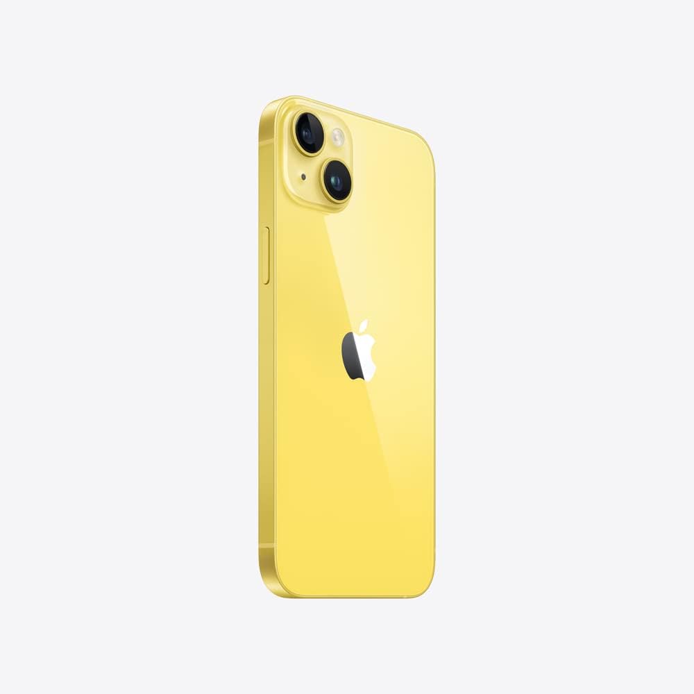 Traseira do iPhone 14 Plus amarelo destacando câmeras duplas e acabamento brilhante