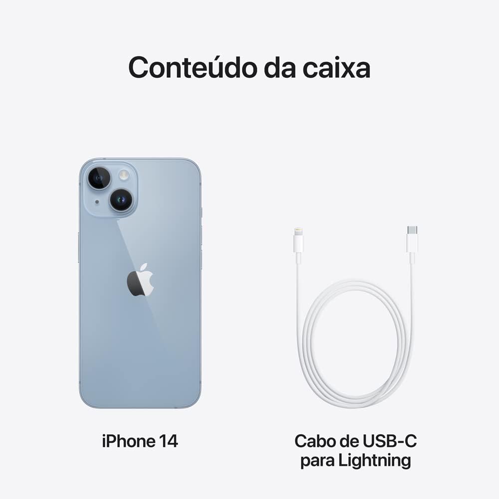 Conteúdo da caixa do iPhone 14 incluindo smartphone e cabo USB-C para Lightning