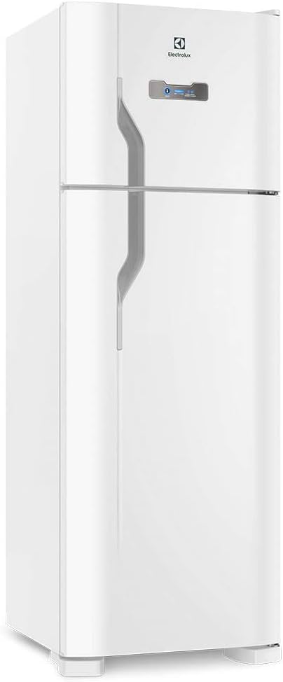 Geladeira Electrolux Frost Free 310 litros branca vista em ângulo mostrando puxadores embutidos