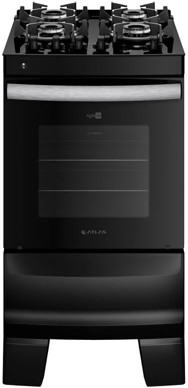 Fogão preto Atlas Agile Up 4 bocas com mesa de vidro temperado visto de frente