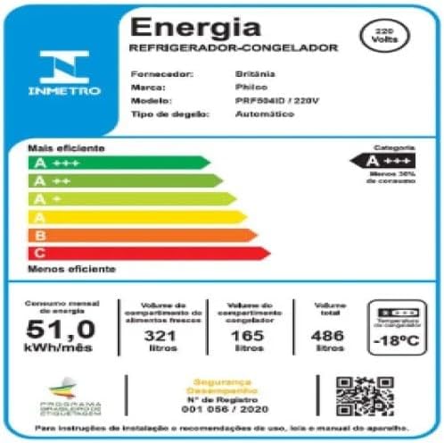 Etiqueta INMETRO eficiência energética A+++ refrigerador Philco PRF504ID 486 litros 220V
