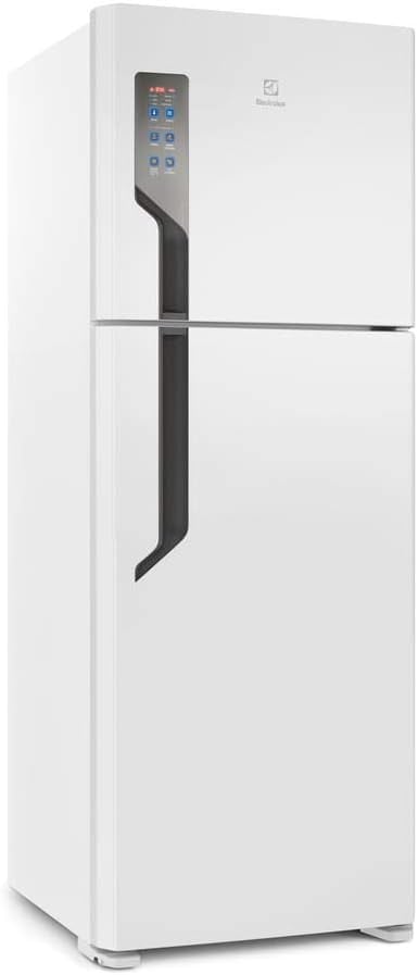 Geladeira branca top freezer Electrolux painel digital vista lateral