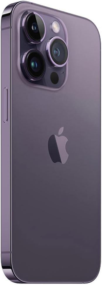 Lado do iPhone 14 Pro roxo-profundo com câmeras e logo Apple