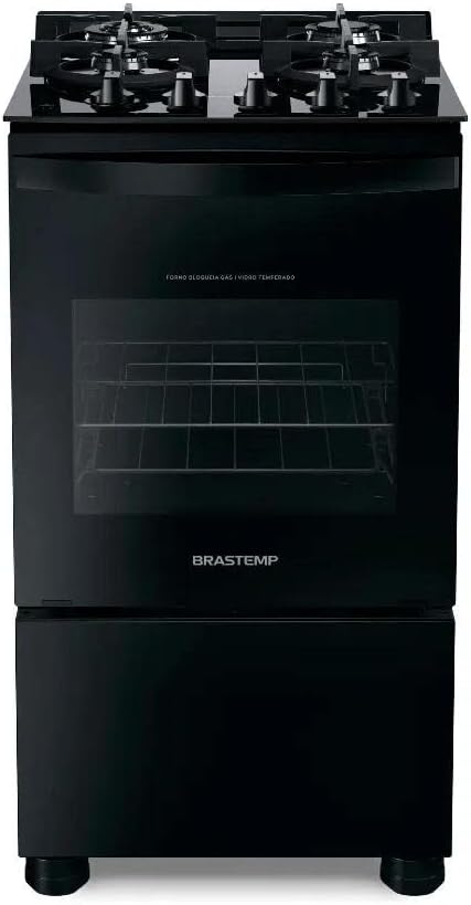 Fogão Brastemp 4 bocas preto com mesa de vidro e forno com porta de vidro frontal