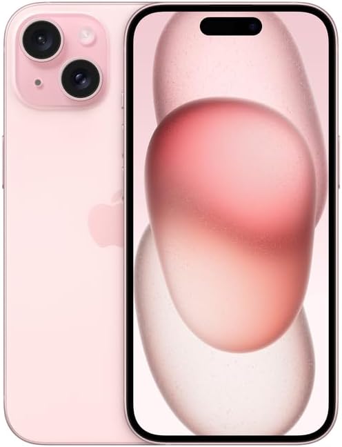 Apple iPhone 15 256GB na cor rosa visto de frente e verso com câmera dupla.