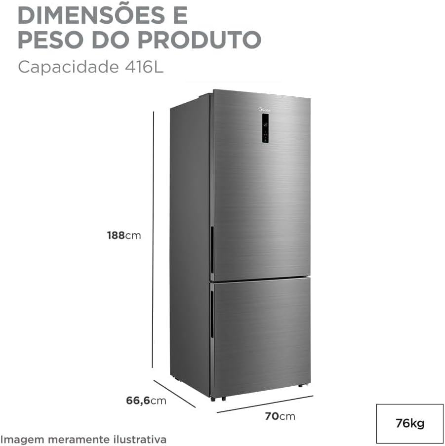 Dimensões e peso da geladeira Midea Inverse Frost Free 416L Inverter inox